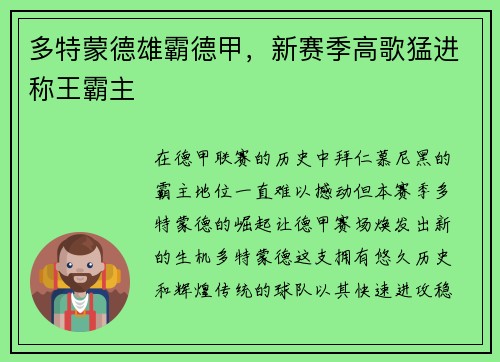 多特蒙德雄霸德甲，新赛季高歌猛进称王霸主
